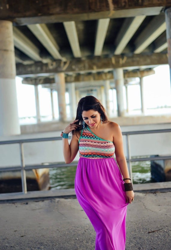 Aztec Print Purple One Shoulder Maxi Dress