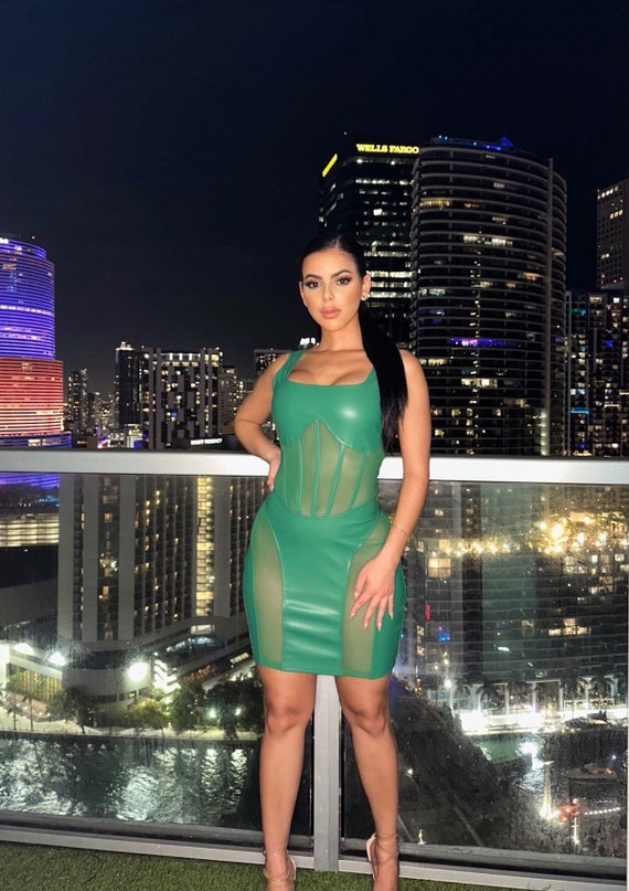 slim fit dress slacks Metallic Green Draped Leather Mini Dress main image 0