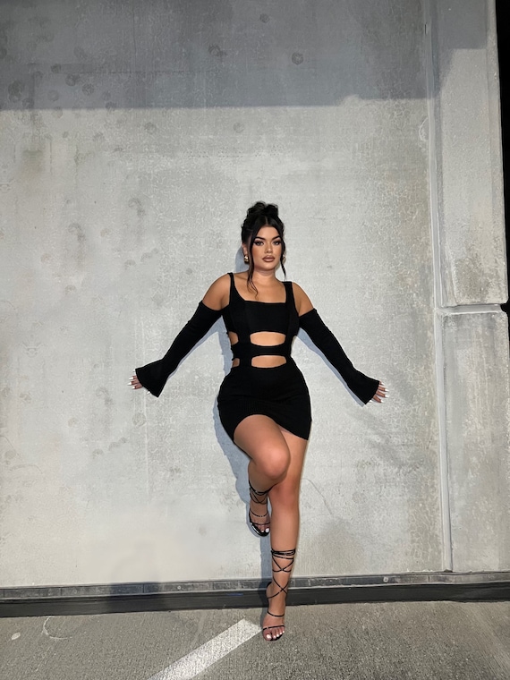 black cut out mini dress long sleeve Sleeves Color:09 Yellow Exclusive Of Decoration color:black-suede Black A-line Chic Princess