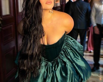 Vestido de fiesta verde sin tirantes