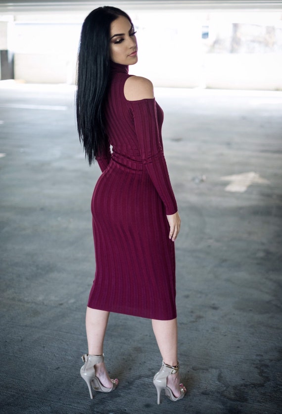 Wine Cold Shoulder Bodycon Dress