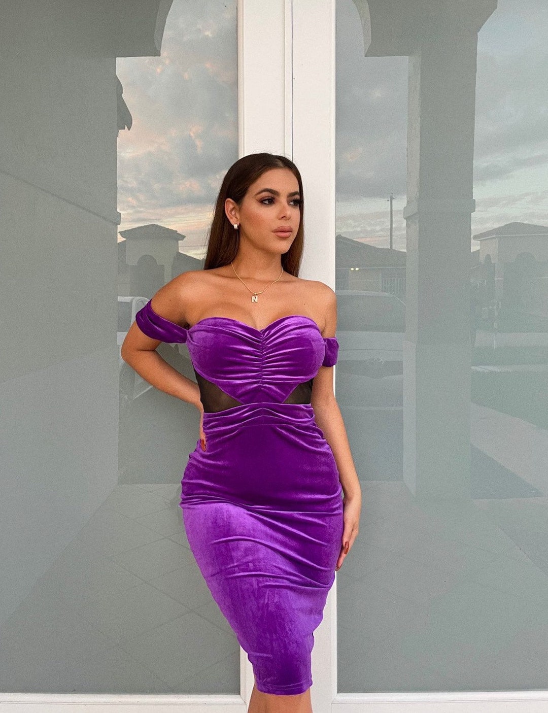 Purple off Shoulder Velvet Midi Dress - Etsy