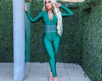 Green Long Sleeve Shiny Jumpsuit