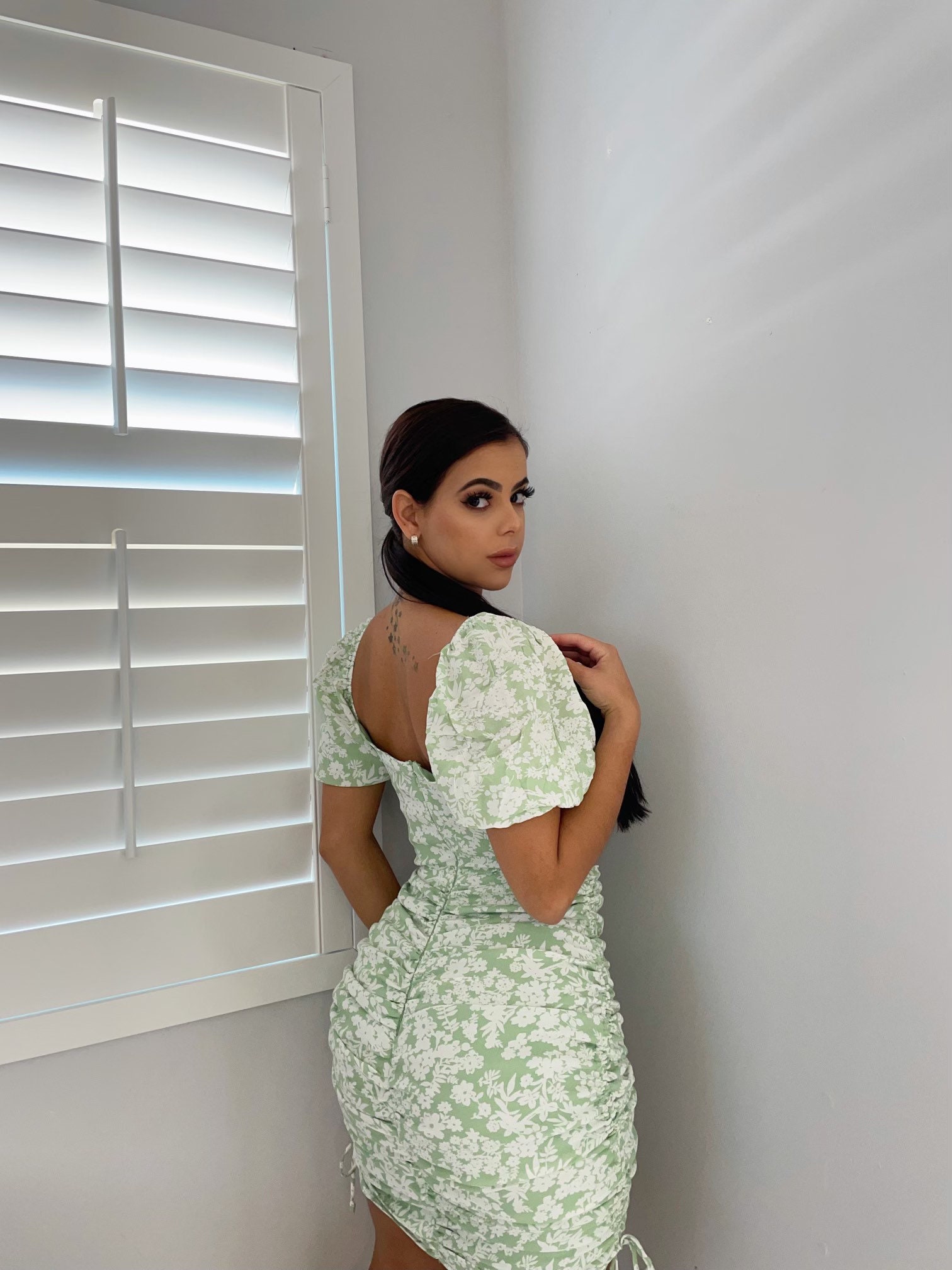 Pistachio Floral Ruch Mini Dress