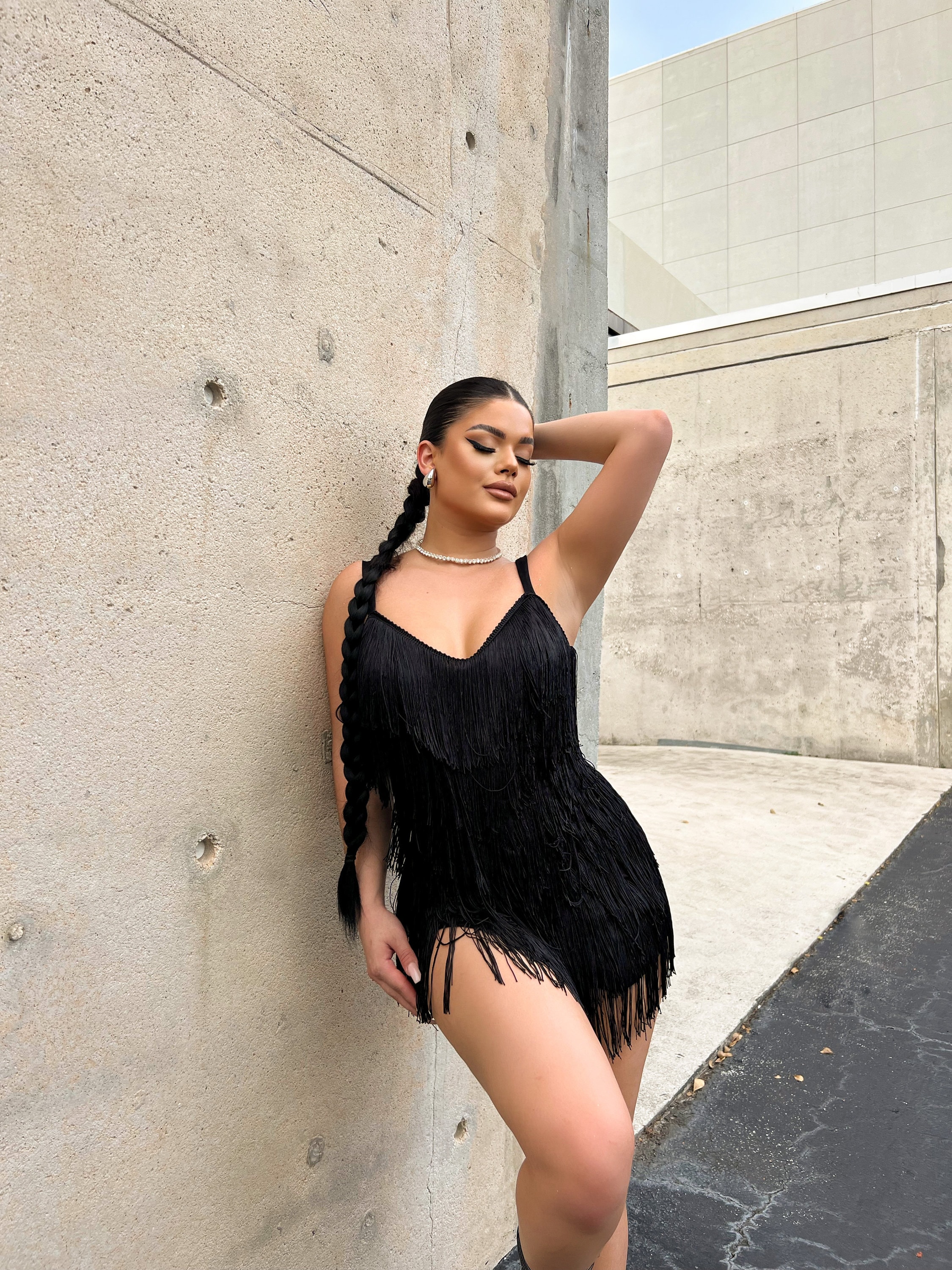 fringe dress black Keyana Strapless Tassel Mini Dress Black main image 1