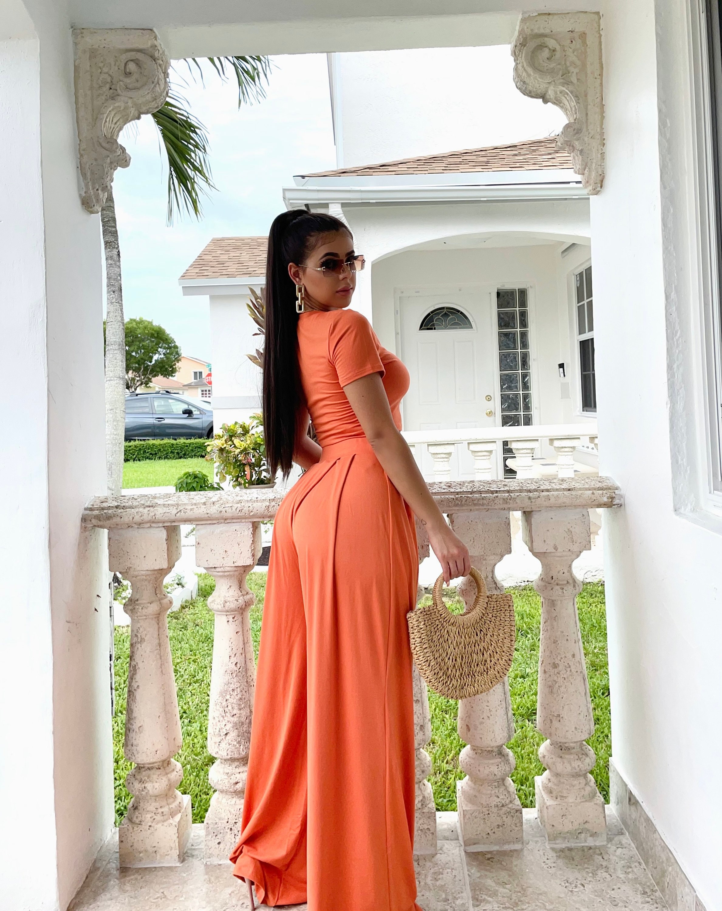 open lace back dress Eyelet Fit and Flare Faux Wrap Midi Dress - Nectarine Orange main image 1