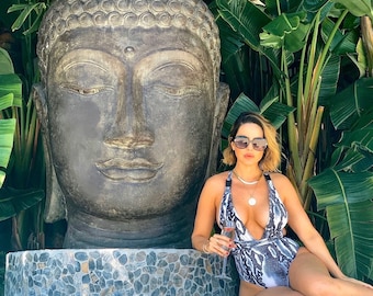 ブラック スネークプリント ワンピース ストラップ スイムウェア