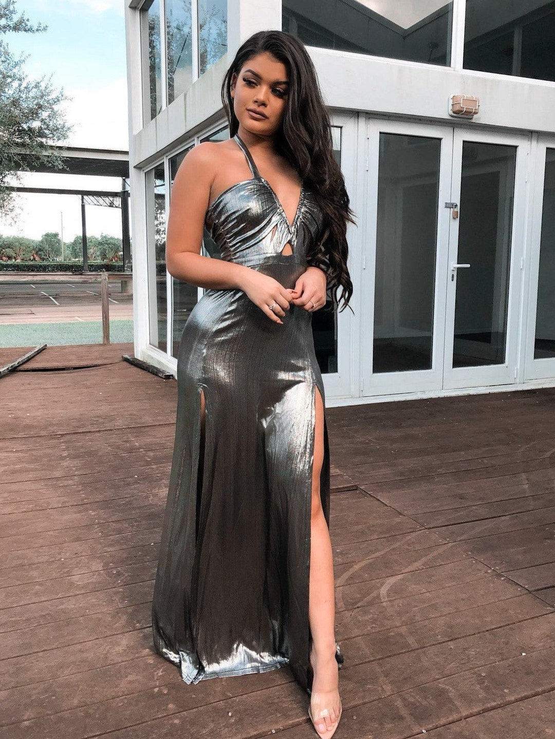 metallic halter gown