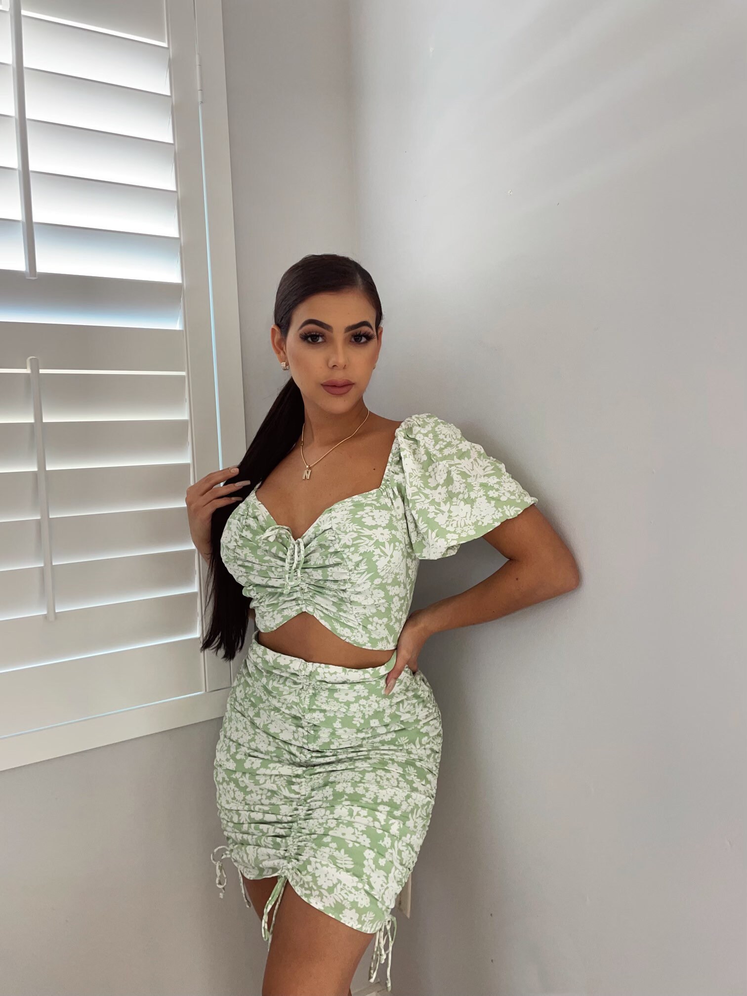 Pistachio Floral Ruch Mini Dress