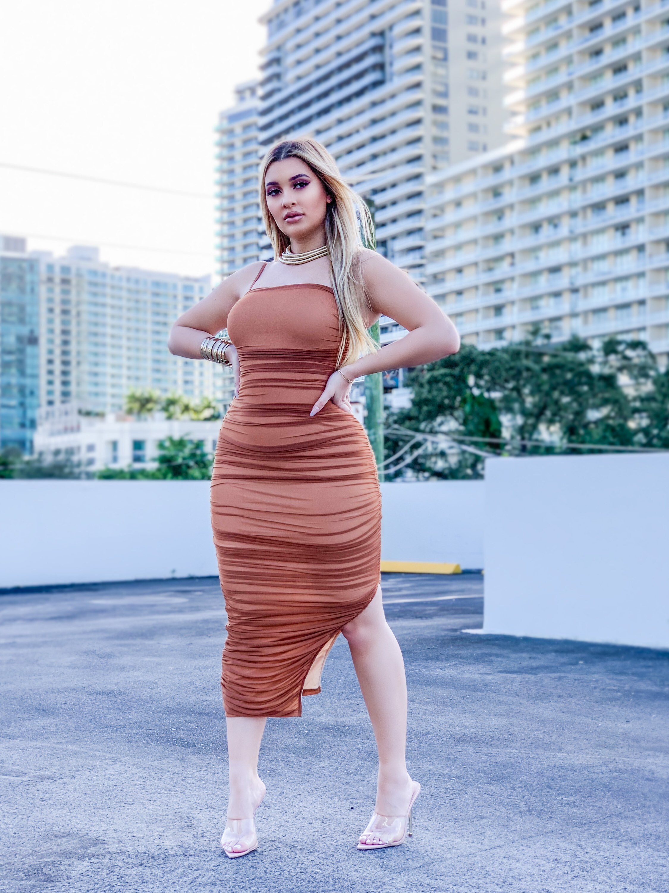 Spaghetti Strap Ruched Midi Dress 