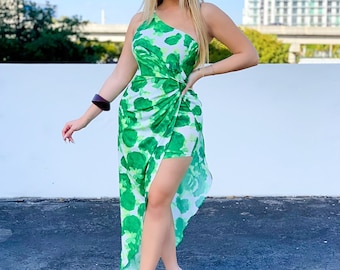 Green Floral One Shoulder Midi Length Dress