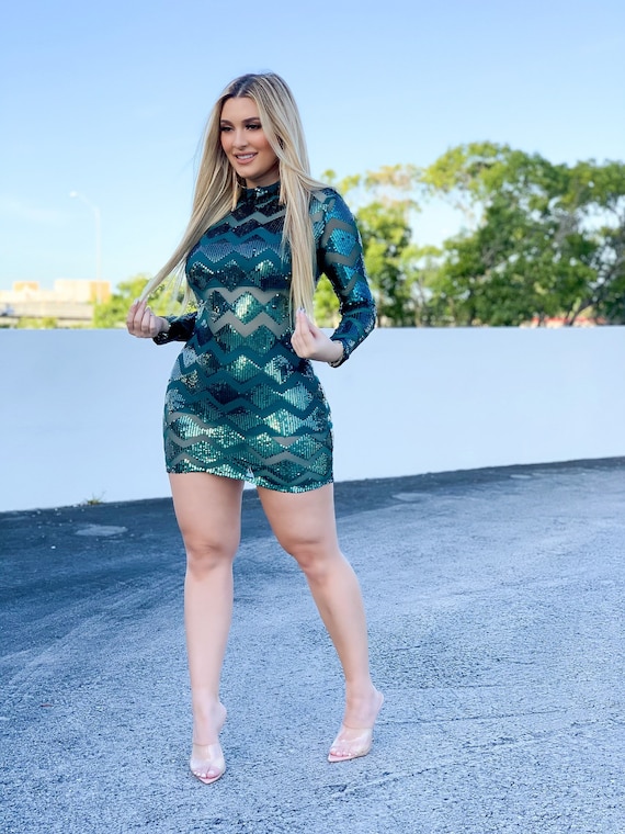 Emerald Sequin Mesh Bodycon Dress - Etsy