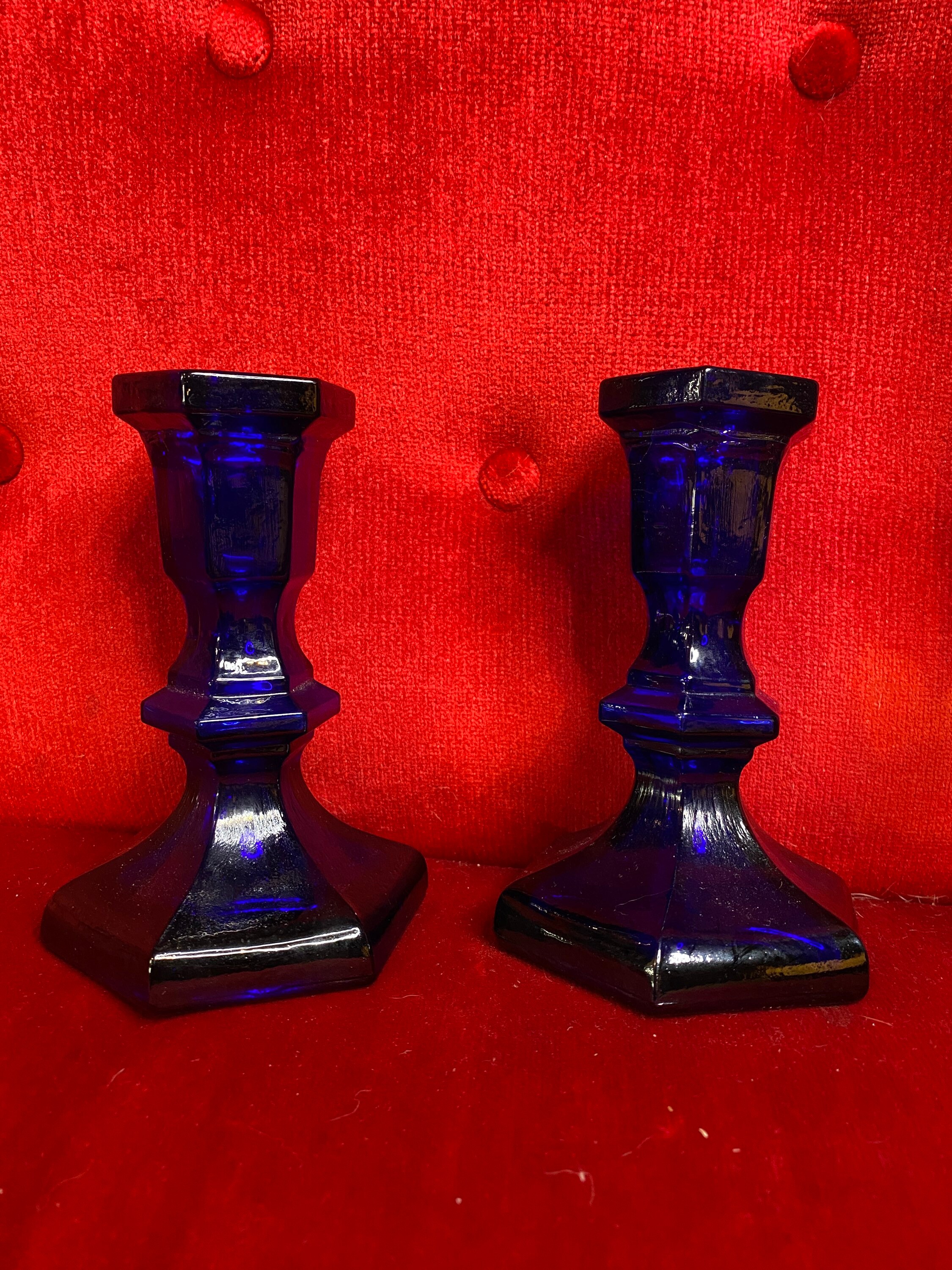 Vintage Colbat Blue Depression Glass Candle Holders Etsy