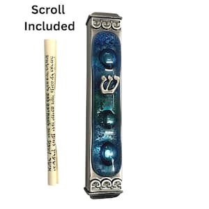 Mediterranean Sea Art Glass Mezuzah, Indoor or Outdoor Weatherproof Metal Case Gift Box and Non-Kosher Scroll Included