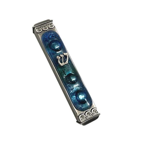 EASY MOUNT Mediterranean Sea Art Glass Mezuzah, Indoor or Outdoor Weatherproof Metal Case Gift Box and Non-Kosher Scroll Included