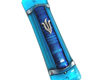 Accordion Sky BlueArt Glass Mezuzah