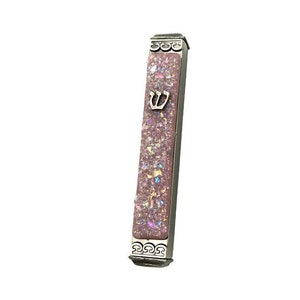 Sparkling Mauve Art Glass Mezuzah - Easy Mount Indoor or Outdoor - Weatherproof Metal Case - Gift Box and Non-Kosher Scroll Included