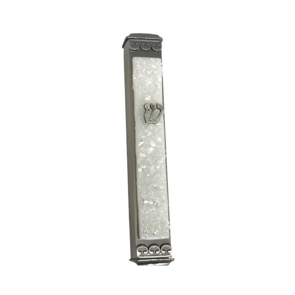Sparkling White Art Glass Mezuzah - Easy Mount Indoor or Outdoor - Weatherproof Metal Case - Gift Box and Non-Kosher Scroll Included