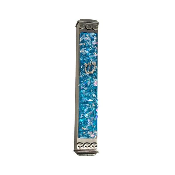 Sparkling Sky Art Glass Mezuzah - Easy Mount Indoor or Outdoor - Weatherproof Metal Case - Gift Box and Non-Kosher Scroll Included