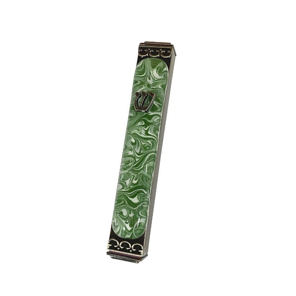 Marbled Green and White Art Glass Mezuzah, Indoor - Outdoor Weatherproof Metal Case Gift Box and Non-Kosher Scroll Included