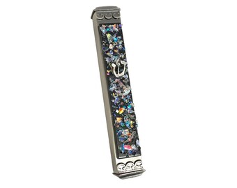Glitzy Black Art Glass Mezuzah - Easy Mount Indoor or Outdoor - Weatherproof Metal Case - Gift Box and Non-Kosher Scroll Included