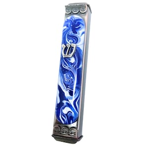 Marbled Blues Art Glass Mezuzah, Indoor - Outdoor Weatherproof Metal Case Gift Box and Non-Kosher Scroll Included