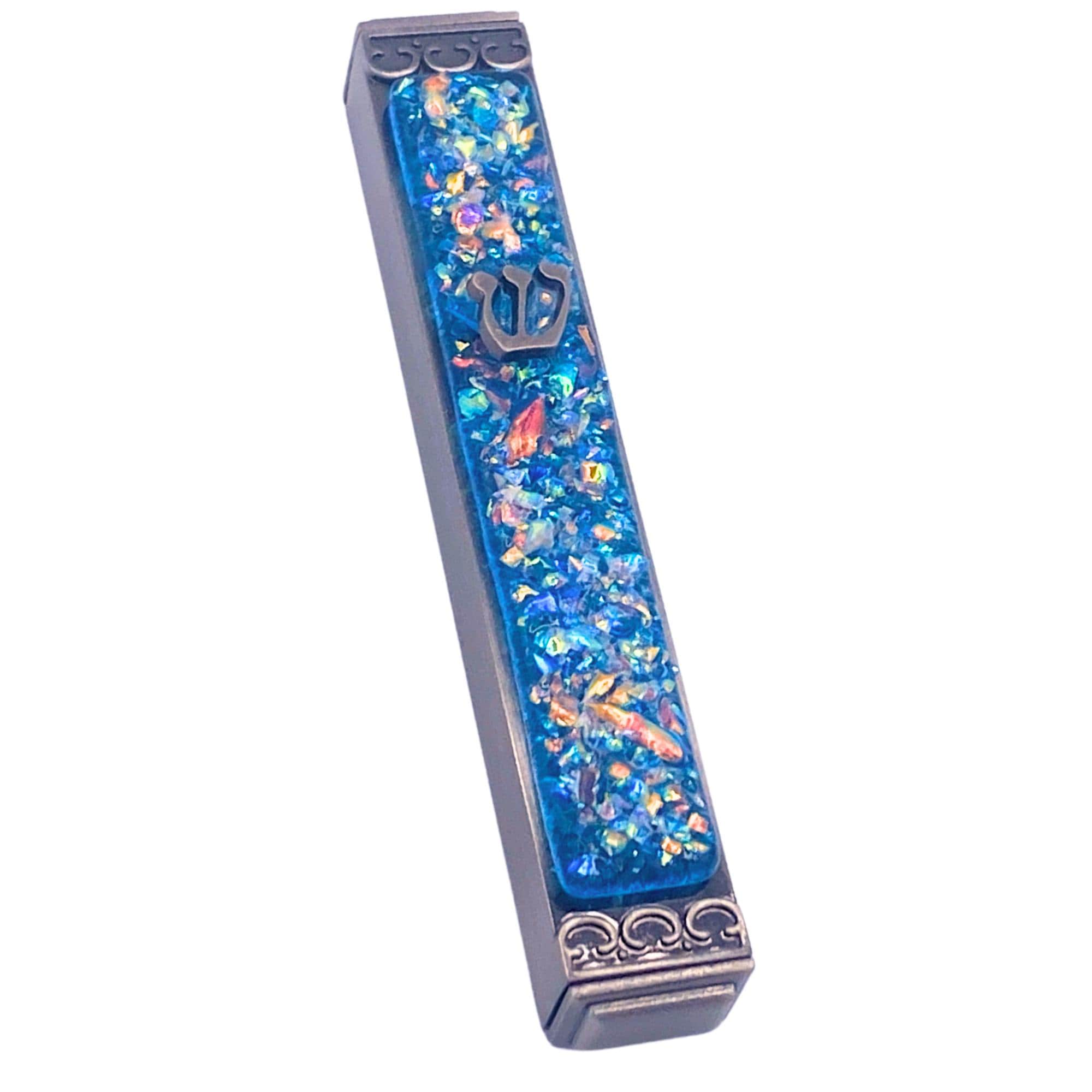 Sparkling Sky Art Glass Mezuzah - Easy Mount Indoor Or Outdoor Weatherproof Metal Case Gift Box & Non-Kosher Scroll Included