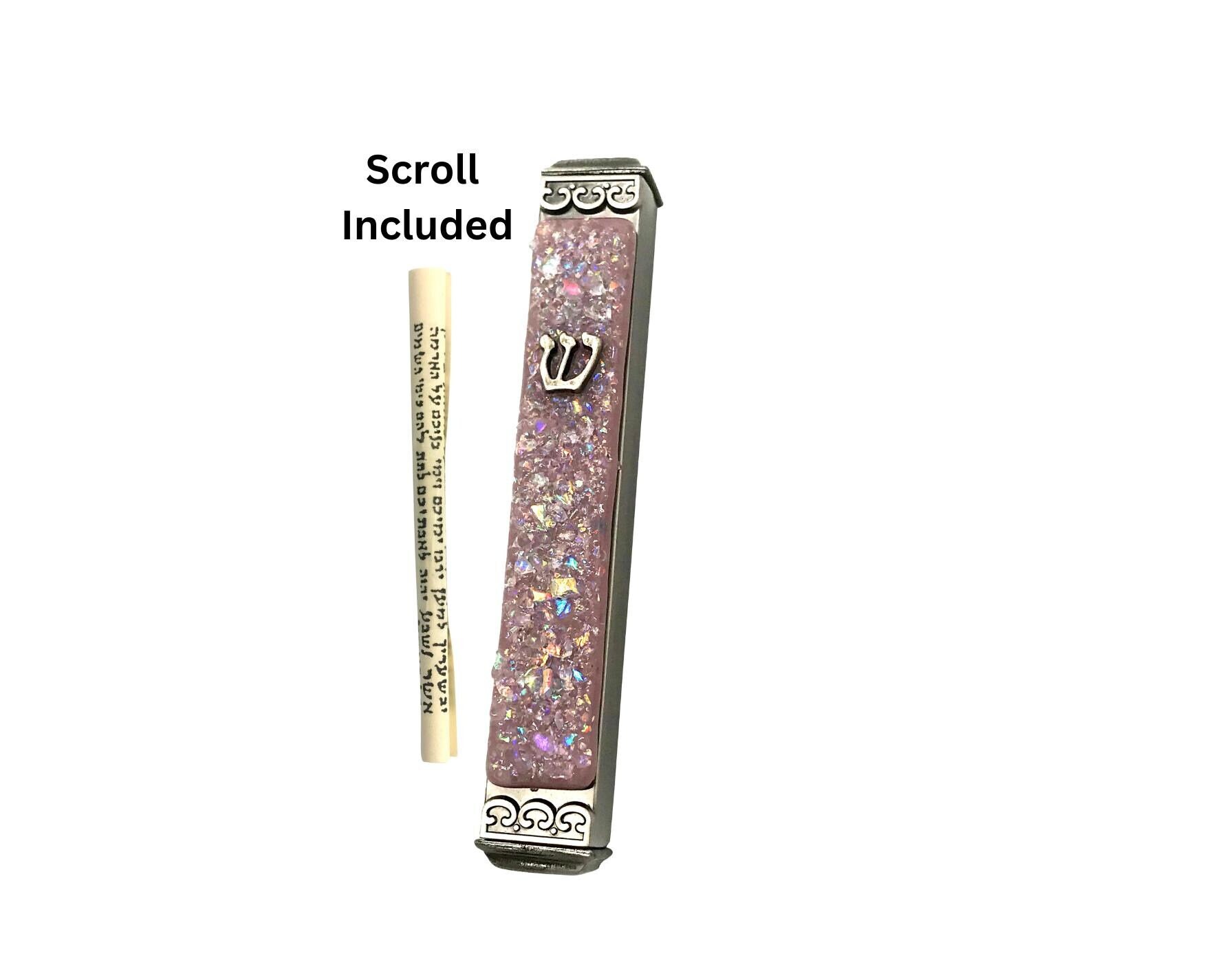 Sparkling Mauve Art Glass Mezuzah - Easy Mount Indoor Or Outdoor Weatherproof Metal Case Gift Box & Non-Kosher Scroll Included