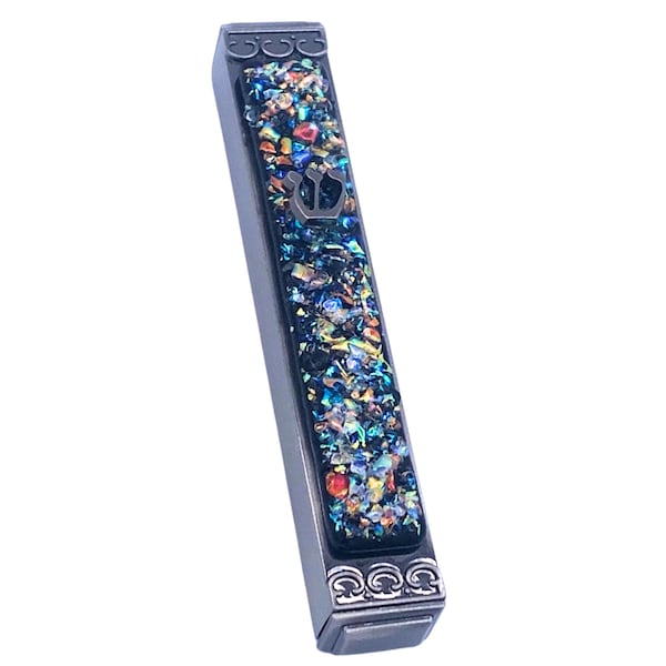 Glitzy Black Art Glass Mezuzah - Easy Mount Indoor or Outdoor - Weatherproof Metal Case - Gift Box and Non-Kosher Scroll Included