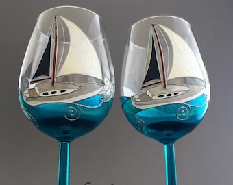 Personalized Sail Boat Blue Ocean Waves Wine Glasses, Unique Sailing & Boating Gift for Men, Hand Painted Yacht wine glasses for husband