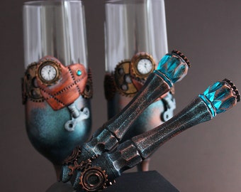 Steampunk Wedding Gift Glasses, Personalized Steampunk Wedding Flutes, Steampunk Couple Wedding gift, Steampunk Bride and Groom gift Set
