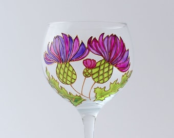 SCOTTISH THISTLE GIN glass, Floral meadow hand painted gin glass, Personalised gift for sister, mother, girlfriend, botanical gift