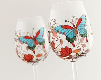 Butterfly Wine Glasses, Wedding Anniversary Gift for Her, Hand Painted Butterfly Birthday Red Wine Glasses, Blue Butterfly