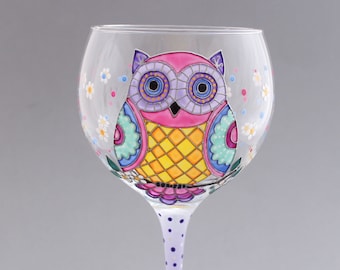 OWL HAND PAINTED gin glas, Personalized gin balloon, Bird lovers Owl gin glass, Mothers day gift glass, Gin goblet, Custom Gin balloon