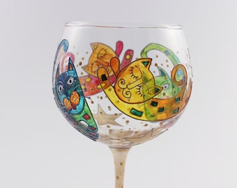 DANCING CATS GIN glass, Cat lovers gift glass, Hand painted gin glass, Cat Christmas gift, whimsical cats , Personalised coctail glass