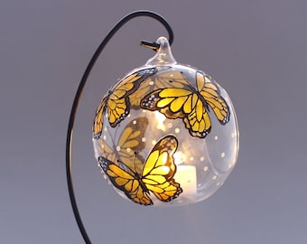 Monarch Butterfly Candle Holder, Hand Painted Glass Lentern Holder, Butterflys Glass Bauble Unique Gift For Her