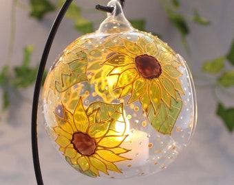 Sunflower Candle Holder, Hand Painted Glass Lentern , Sunflower Glass Bauble Handmade Unique Gift For Her, Gift for Grandma