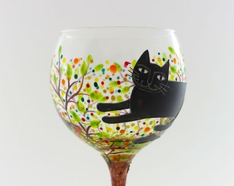 Hand-Painted Black Cat Gin Glass: Autumn Leaves, Cat Lover Gift