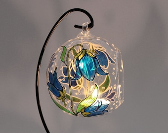Hand Painted Bluebell Candle Holder: Glass Suncatcher Lantern with Metal Stand
