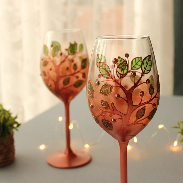 Copper Weeding Anniversary Tree of Life HAND PAINTED Wine Glasses, 22nd Wedding Anniversary 7th Wedding Anniversary Gift for Wife, Husband