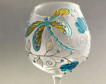 Hand Painted Dragonfly Gin Glass, Personalized Gin Balloon Unique Mother's day gift, Birthday  Gift Glass for Her , Custom gin glass,