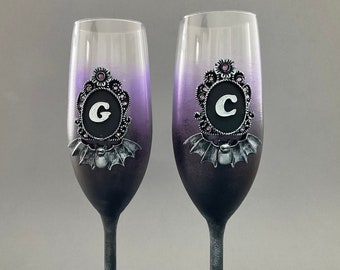 Gothic Goblets Black Halloween Wedding Anniversary Glasses Altar decoration  Black Purple bat wedding flutes