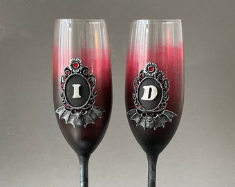 Gothic Wine Goblet Black Halloween Wedding Anniversary Glasses Altar decoration Wicca Pegan Black bat wedding flutes