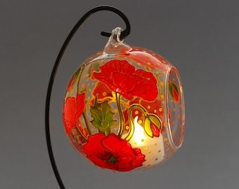 RED POPPIES Candle Holder, Hand Painted Glass Lentern, Unique Handmade Table Centerpiece, Houseworming gift