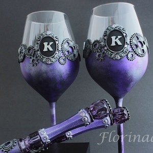Steampunk wedding set, Gears wine glasses, Steampunk wedding gift, Steampunk gears,  Steampunk Cake Server Set