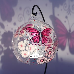 Pink Butterfly Candle Holder, Hand Painted Unique Wedding Anniversary Gift for Wife, Butterfly Gift for New Home, Stained Glass