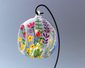 Wildflowers Candle Holder, HAND PAINTED Stained Glass Meadow Art  Wildflower Suncatcher Unique Handmade Houseworming Table Centerpiece