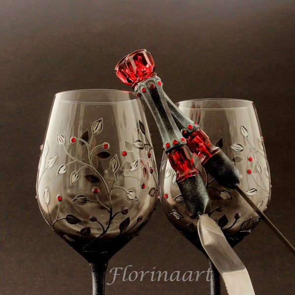 Gothic wedding goblets and cake serving set, Gothic wine glasses, Black and red wedding set