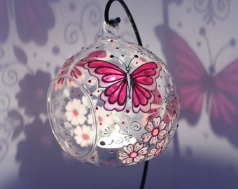Hand Painted Pink Butterfly Candle Holder: Stained Glass Tea Light
