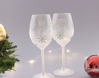 Silver Snowflake Wine Glasses: Hand Painted Christmas Set of 2